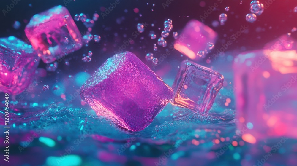 Fototapeta premium Bright ice cubes in neon hues, immersed underwater, releasing tiny bubbles in a mesmerizing, energetic underwater scene