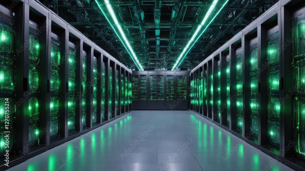 A dynamic digital environment within a data center, where rows of computers are lit in green and blue hues, representing the future of data storage and high-tech architecture. A dynamic digital environment within a data center, where rows of computers are lit in green and blue hues, representing the future of data storage and high-tech architecture.