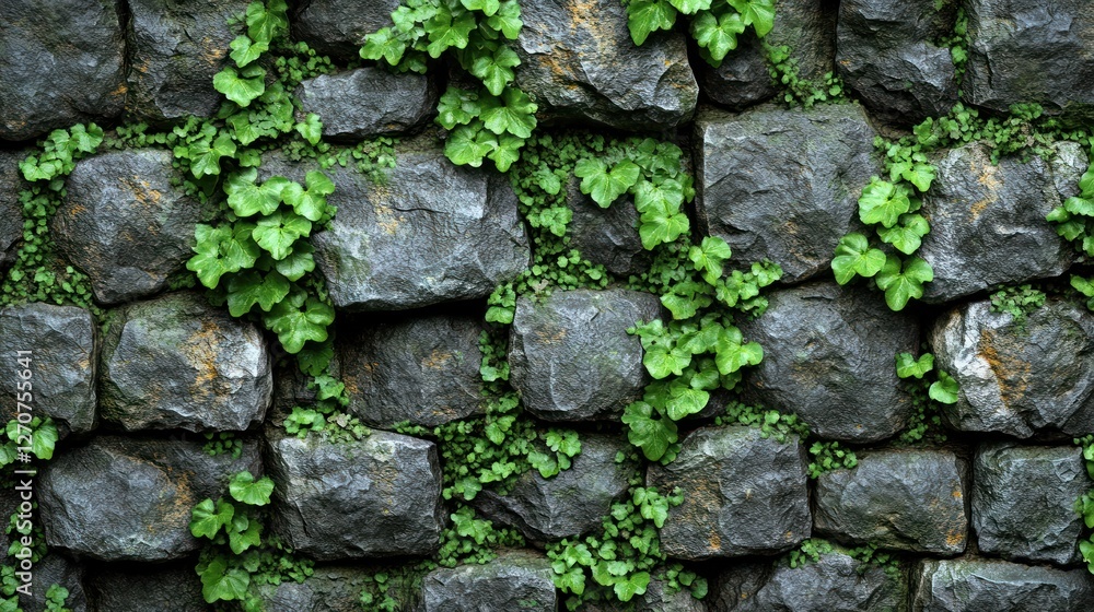 Moss-covered stone wall, overgrown, outdoors Moss-covered stone wall, overgrown, outdoors