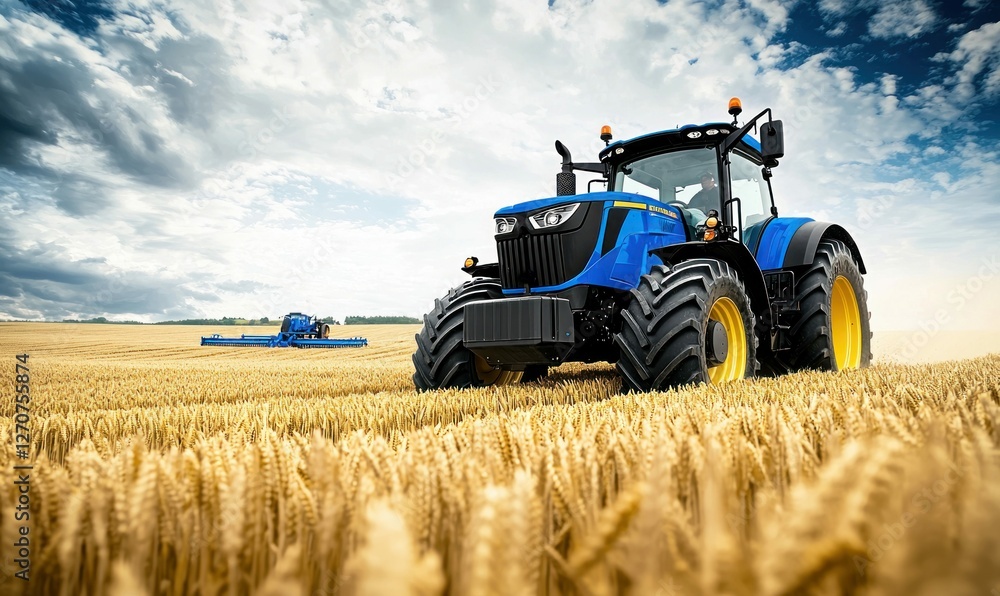 Fototapeta premium Modern Blue Tractor Working on a Wheat Field Under a Cloudy Sky