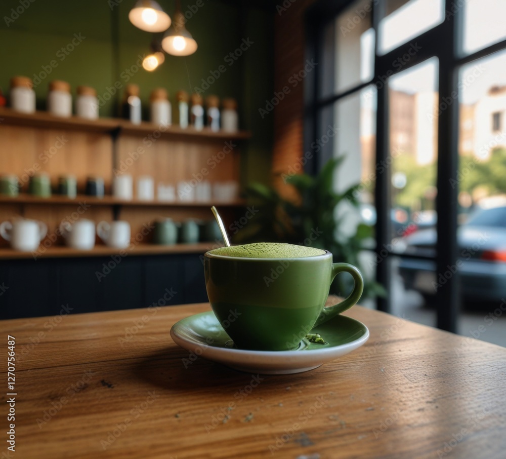 Matcha Tea on the Background of an Aesthetic Coffee Shop Matcha Tea on the Background of an Aesthetic Coffee Shop