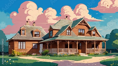 Illustration, a house, garden, lots of clouds