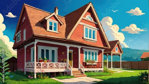 Illustration, a house, garden, lots of clouds