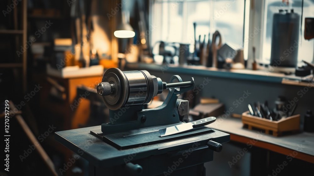 Knife Sharpening Machine in Workshop, Close-up View Knife Sharpening Machine in Workshop, Close-up View