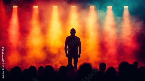 Silhouette of a Performer on Stage with Colorful Lights and Fog, Capturing the Energy and Emotion of a Live Music Concert or Theatrical Performance