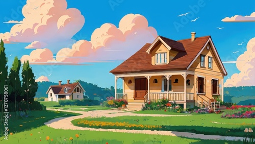 Illustration, a house, garden, lots of clouds