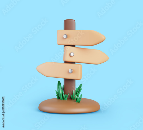 Fototapeta Naklejka Na Ścianę i Meble -  3d wood road sign post board direction render icon. Wooden signboard pointer on land with grass. Signpost with arrows on pole for travel, hike navigation isolated on blue background. 3D illustration