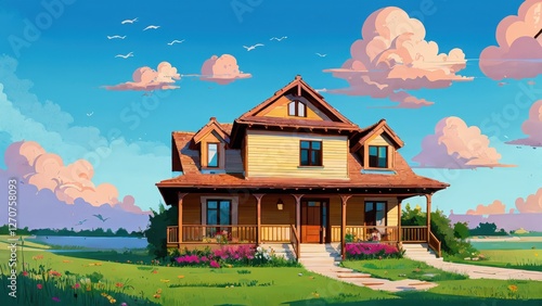 Illustration, a house, garden, lots of clouds