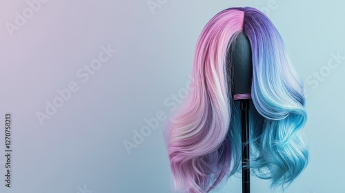 A long ombr wig blending pastel pink, purple, and blue, draped gracefully on a sleek black mannequin stand. photo