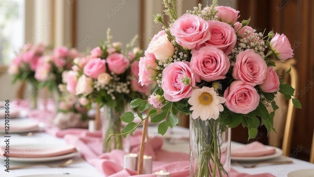 A Beautifully Set Wedding Table Showcases Vibrant Pink Roses and Delicate Flowers in Clear Vases, Creating a Romantic Atmosphere A Beautifully Set Wedding Table Showcases Vibrant Pink Roses and Delicate Flowers in Clear Vases, Creating a Romantic Atmosphere
