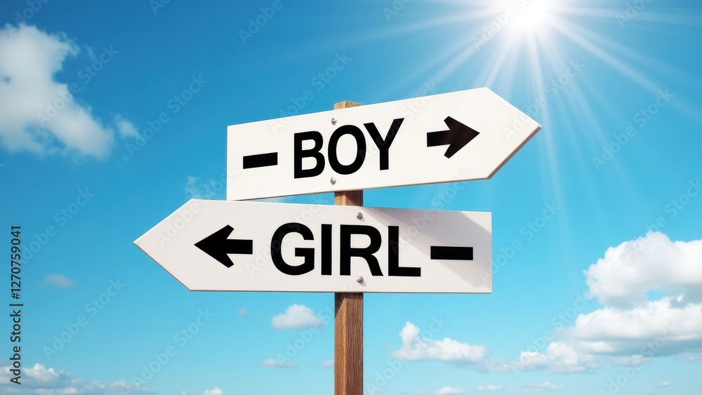 Directional Sign With Arrows for Boy and Girl, Under a Clear Blue Sky, Highlighting Children's Events and Outdoor Fun Directional Sign With Arrows for Boy and Girl, Under a Clear Blue Sky, Highlighting Children's Events and Outdoor Fun