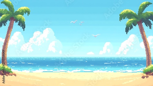 Pixel art beach scene, tropical paradise, calm ocean, sunny day, background image