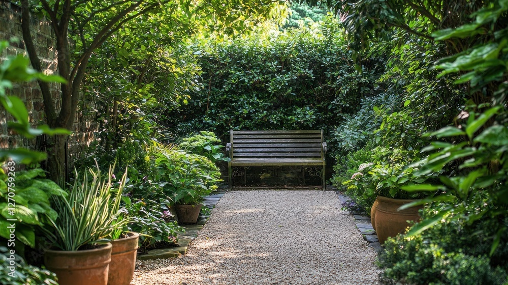 Serene Garden Path with Wooden Bench Serene Garden Path with Wooden Bench