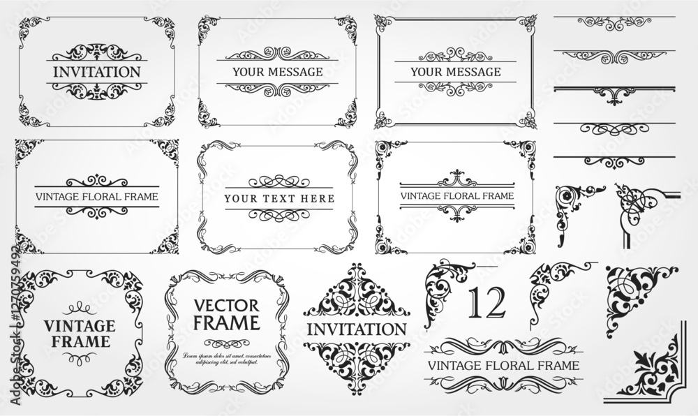 Design elements set, decorative flourish border corner and frame collection for invitation, menu and page decoration Design elements set, decorative flourish border corner and frame collection for invitation, menu and page decoration