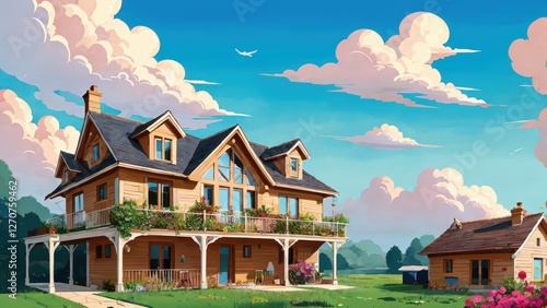 Illustration, a house, garden, lots of clouds