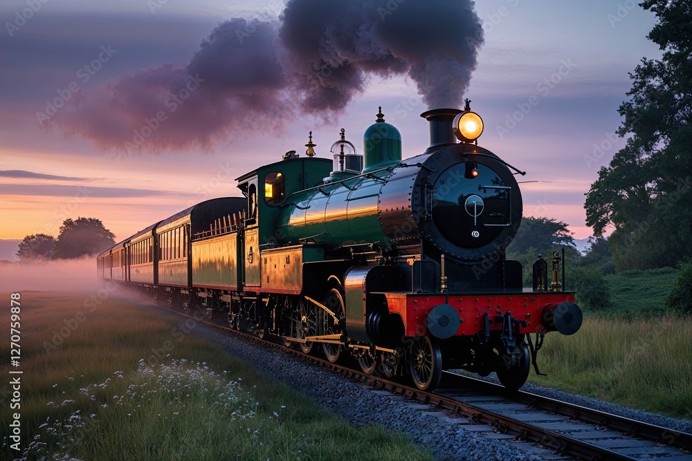 Fototapeta premium Misty Summer Dawn Journey on a Heritage Steam Train Through Twilight Colors