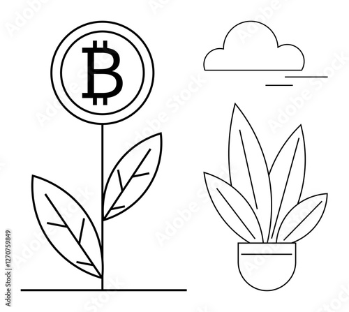 Bitcoin symbol sprouts from plant with leaves, potted plant beside it, cloud overhead. Ideal for cryptocurrency, investment growth, eco-friendly, innovation, nature, financial success