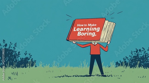 A teacher holding a giant textbook titled 