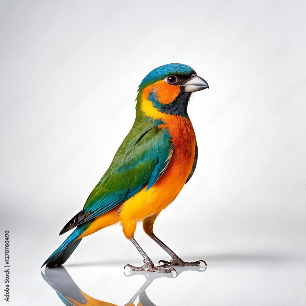 Fototapeta premium A vibrant, multi-colored bird with a distinctive blue head, green wings, and orange-yellow body stands against a clean, reflective background