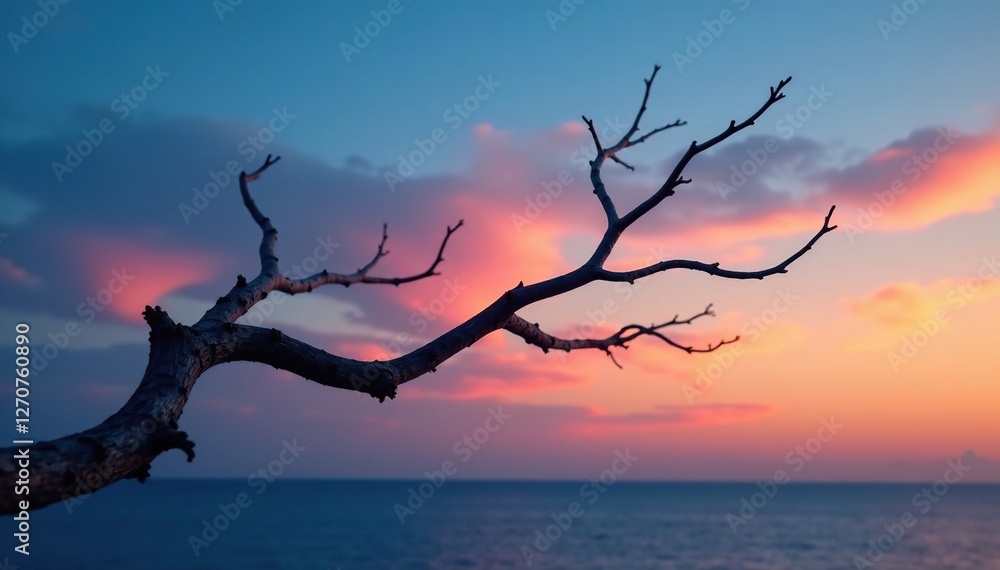 Twisted dry branch isolated on a calm blue orange dusk sky background, twilight, blue Twisted dry branch isolated on a calm blue orange dusk sky background, twilight, blue