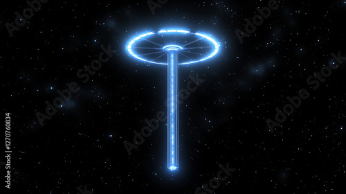 Fototapeta Naklejka Na Ścianę i Meble -  Luminous Space Elevator Concept Blue Glow Futuristic Design Sci Fi Structure Amidst Starry Expanse