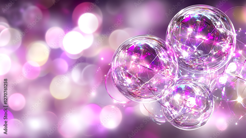 Luminous Spheres Floating in a Purple Dreamscape of Iridescent Light and Sparkling Reflections Luminous Spheres Floating in a Purple Dreamscape of Iridescent Light and Sparkling Reflections
