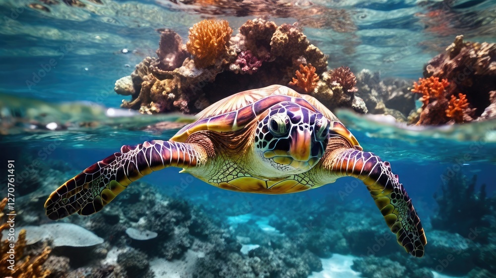 Obraz premium Two sea turtles are swimming above a vibrant coral reef underwater.