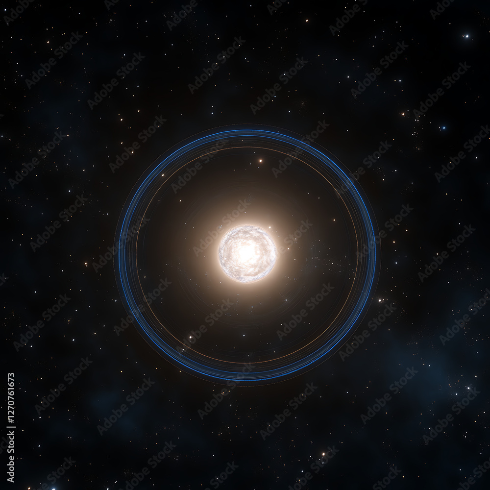 Fototapeta premium Luminous Star System with Rings Shining Brightly Against Cosmic Backdrop of Distant Galaxies