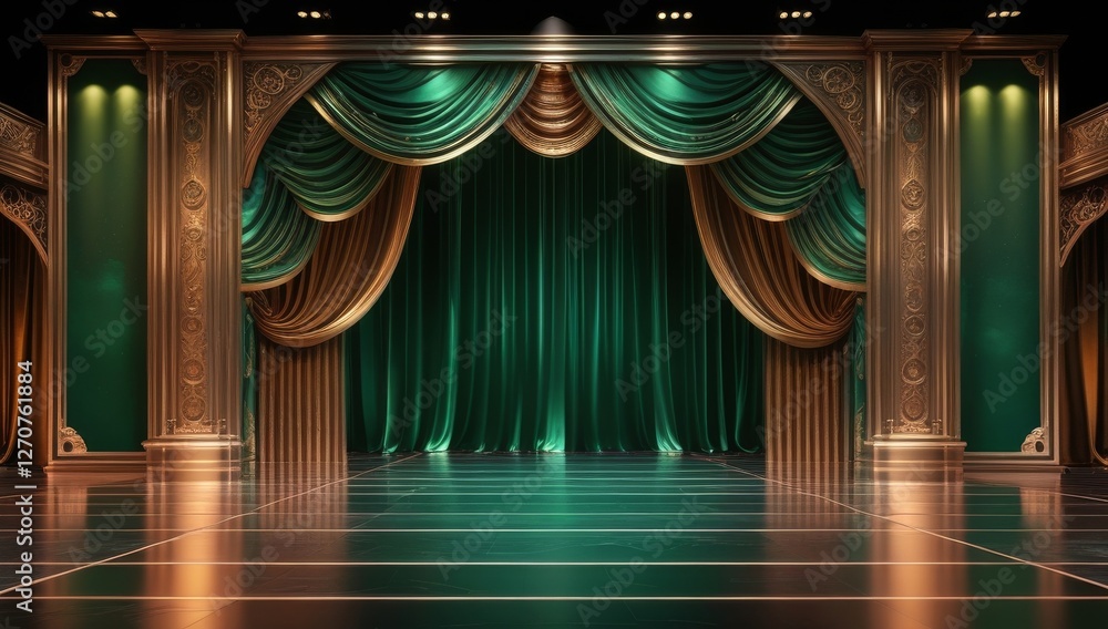 Green golden ceremony award stage venue background.