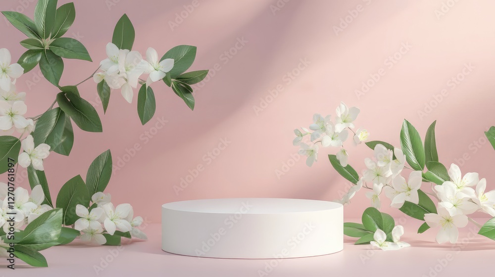 Elegant white 3D podium with soft spring florals and green leaves, set against a pastel background, minimalist aesthetic Elegant white 3D podium with soft spring florals and green leaves, set against a pastel background, minimalist aesthetic