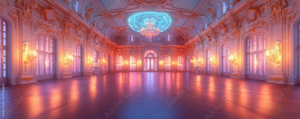 A grand, beautifully illuminated room featuring ornate architecture, elegant chandeliers, and a polished floor reflecting vibrant colors. A grand, beautifully illuminated room featuring ornate architecture, elegant chandeliers, and a polished floor reflecting vibrant colors.
