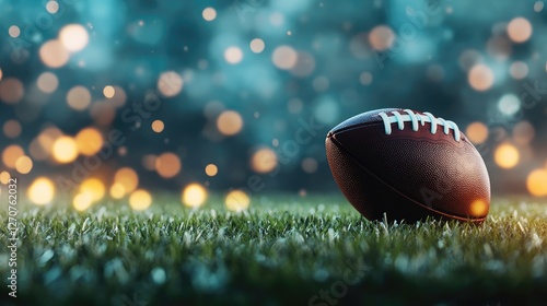 Green turf field with yard lines and a football in focus, Super Bowl background with blank space for promotions.