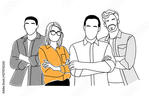 Business team members standing together. Collaboration, teamwork, support concept. Men and women business person in confident poses. Vector outline illustration isolated