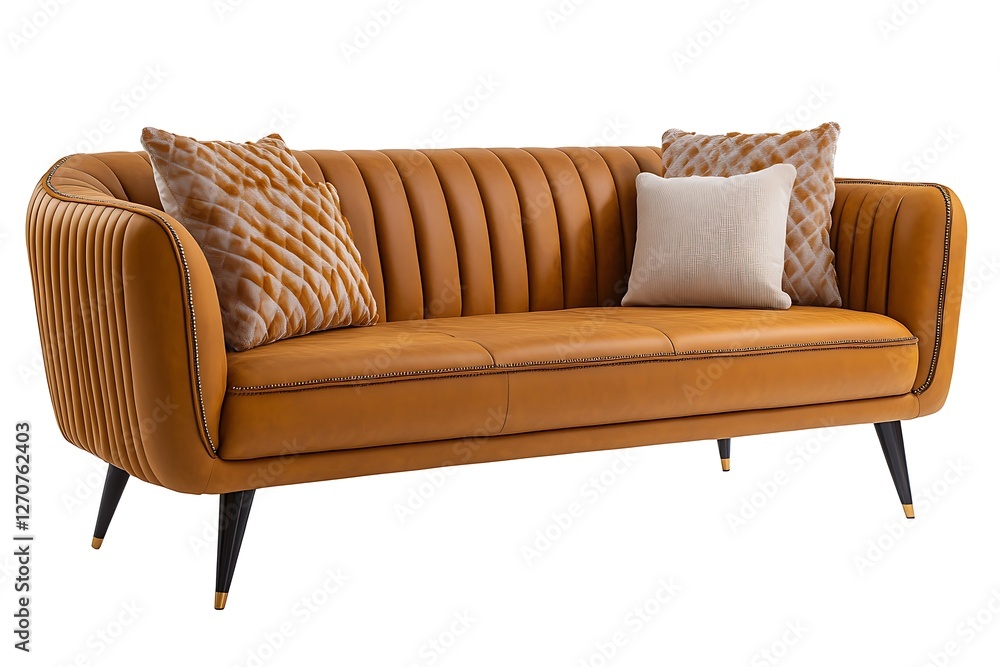 Fototapeta premium Modern camel leather sofa, studio shot, neutral color scheme