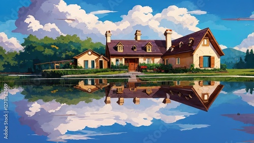 Illustration, a house, garden, lots of clouds