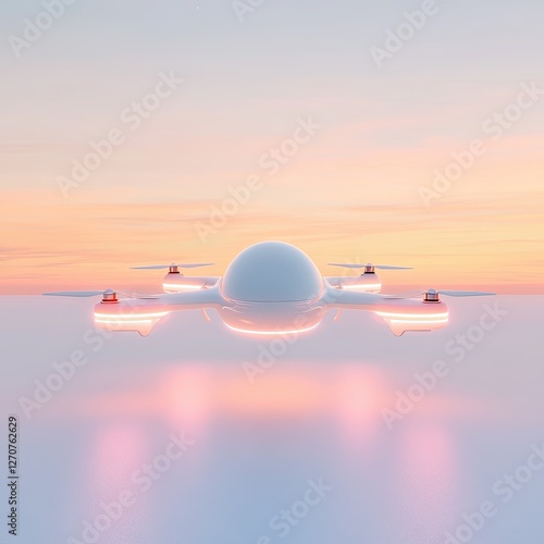 Aerial Drone Photography & Videography Futuristic drone soaring at sunset sky.