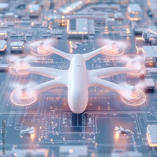 Aerial Drone Photography & Videography Futuristic drone flying over a digital landscape.
