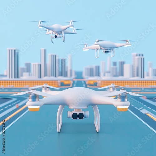 Aerial Drone Photography & Videography Modern drones flying over a cityscape.