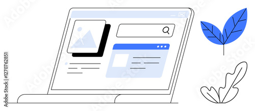 Laptop screen displaying content layout with search bar and image placeholder alongside blue leaf graphics. Ideal for UIUX design, web development, technology tutorials, online learning, digital