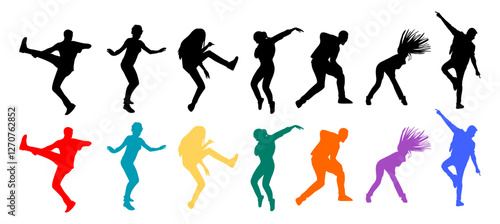 Set of Dancing people silhouettes black and colorful. Teenagers, Young girl and boy dancing street dance, hip hop at party or night club. Outline vector drawing isolated
