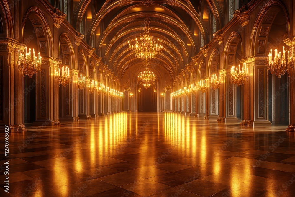 Obraz premium A grand hall illuminated by elegant chandeliers, featuring a reflective floor that enhances the opulent atmosphere.