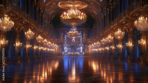 A grand, opulent hall adorned with shimmering chandeliers, reflecting light on polished floors, exuding elegance and luxury.