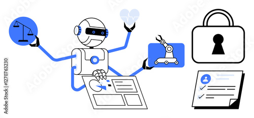 Robot analyzing charts, holding balance, heart, and robotic arm icons. Seen with documents and lock. Ideal for technology, AI, data analysis security automation robotics innovation. Line metaphor