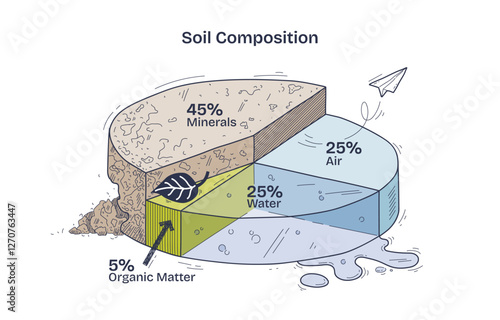 Soil composition diagram shows minerals, water, air, and organic matter in a pie chart. Doodle style diagram