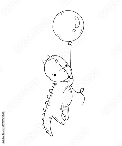 Graphic vector black and white little dinosaur and balloon.