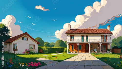 Illustration, a house, garden, lots of clouds