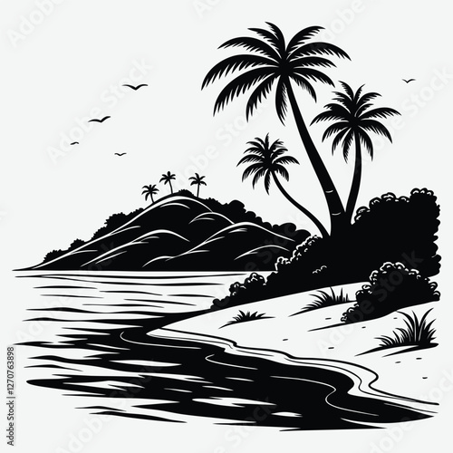 A tropical island in the middle of the ocean Silhouette design vector art and illustration