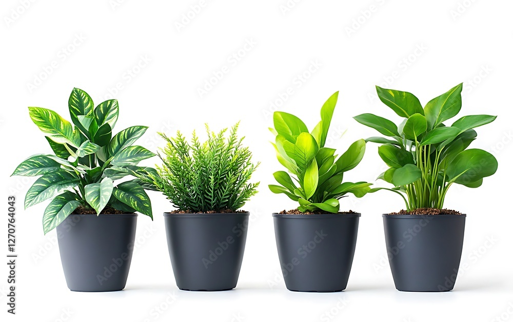 Fototapeta premium Four potted plants on white background. Ideal for home decor, office design, or interior design