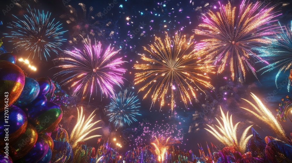 Fototapeta premium A vibrant display of colorful fireworks lighting up the night sky, creating a festive and celebratory atmosphere.