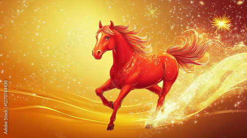 Red background, golden line drawing of a red horse with an orange mane and tail flying in the air photo